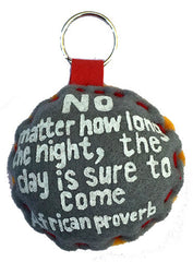 Handcrafted African Proverb two-toned felt keychain with ribbon featuring image of a rooster and text