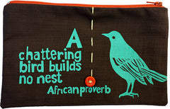 handcrafted fair trade African proverb pencil case featuring sparrow