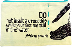 handcrafted fair trade African proverb pencil case  featuring a picture of a crocodile 