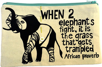 handcrafted fair trade African proverb pencil case featuring an elephant walking with its trunk raised