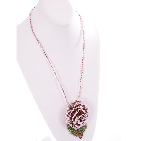Beaded Rose and Leaf Pendant Necklace