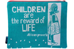 handmade fair trade pouch purse featuring child with text saying children are the reward of life
