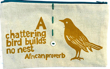 handcrafted fair trade African proverb pencil case featuring a sparrow