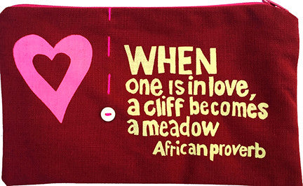 handcrafted fair trade African proverb pencil case with pink heart