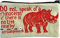 handcrafted fair trade African proverb pencil case featuring a rhinocerous