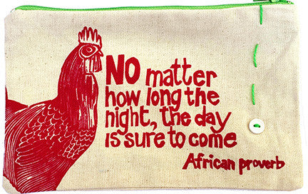 Handcrafted fair trade African proverb pencil case with rooster