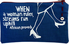 handcrafted fair trade African proverb pencil case with woman's feet in heels walking 