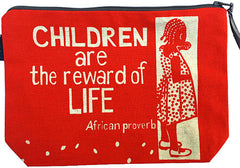 handmade fair trade pouch purse featuring child with text saying children are the reward of life