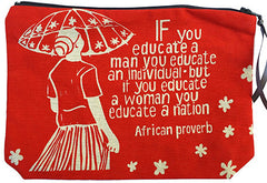 handcrafted fair trade African proverb pouch purse featuring a woman with an umbrella