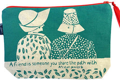 handcrafted fair trade African proverb pouch purse featuring two women with the text "a friend is someone you share the path with"