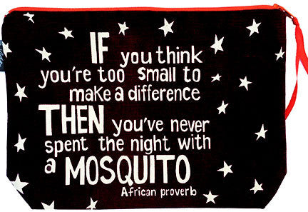 handcrafted fair trade African proverb pouch purse featuring star print and text "If you think you;re too small to make a difference then you've never spent the night with a mosquito"