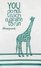 Hand printed african proverb tea towel feat. giraffe and text saying "you do not teach a giraffe to run" in mint