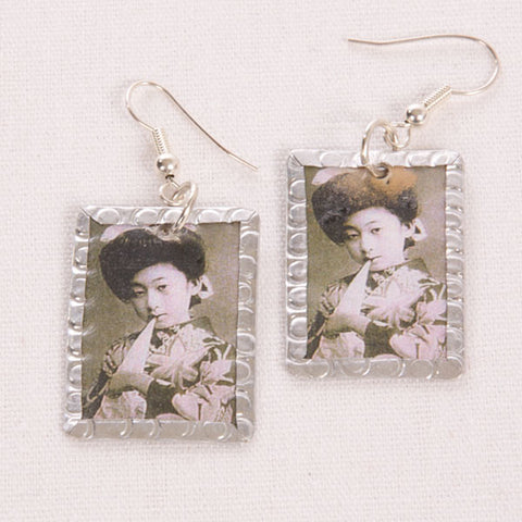 Asian Lady Image Earrings - Black & White by Beverly Price