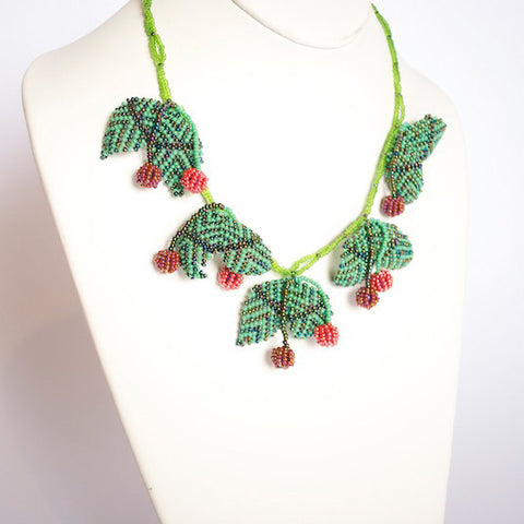 Necklace - African Glass Beads - Cherry & Leaf