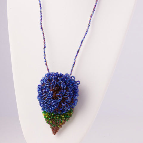 Beaded Rose and Leaf Pendant Necklace