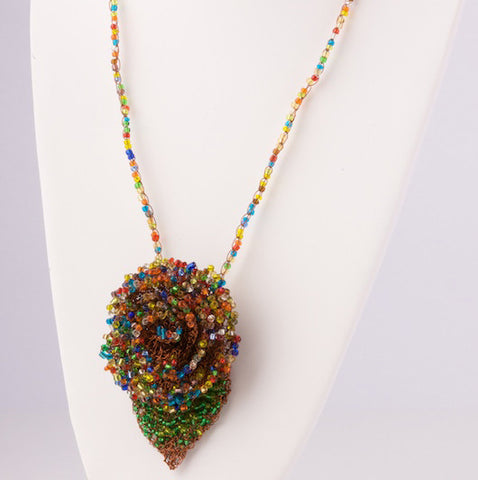 Beaded Rose and Leaf Pendant Necklace