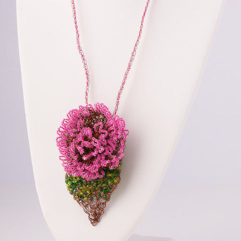 Beaded Rose and Leaf Pendant Necklace