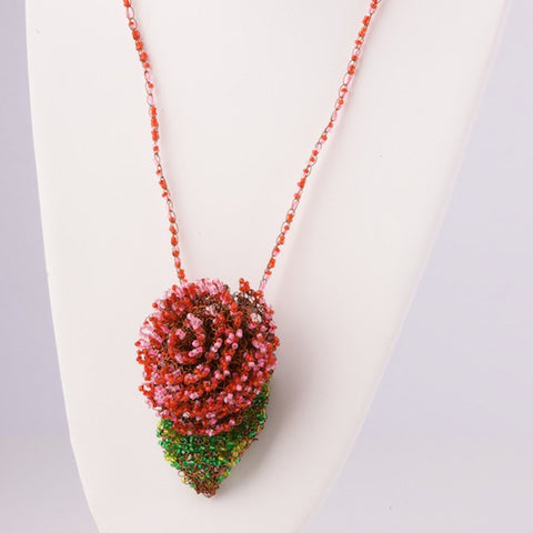 Beaded Rose and Leaf Pendant Necklace