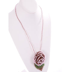 Beaded Rose and Leaf Pendant Necklace